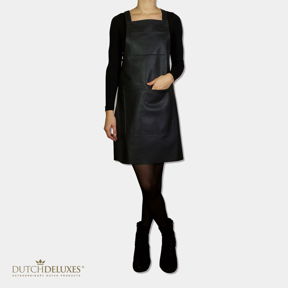 Dutchdeluxes - Luxury barbecue apron in full-grain leather - With Suspenders - Black