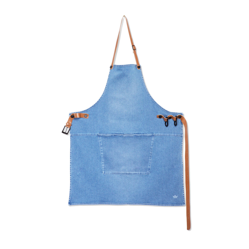 Dutchdeluxes - Handmade - Leather - Barbecue - BBQ - Apron - With carabiner hooks - Washed indigo - Light blue