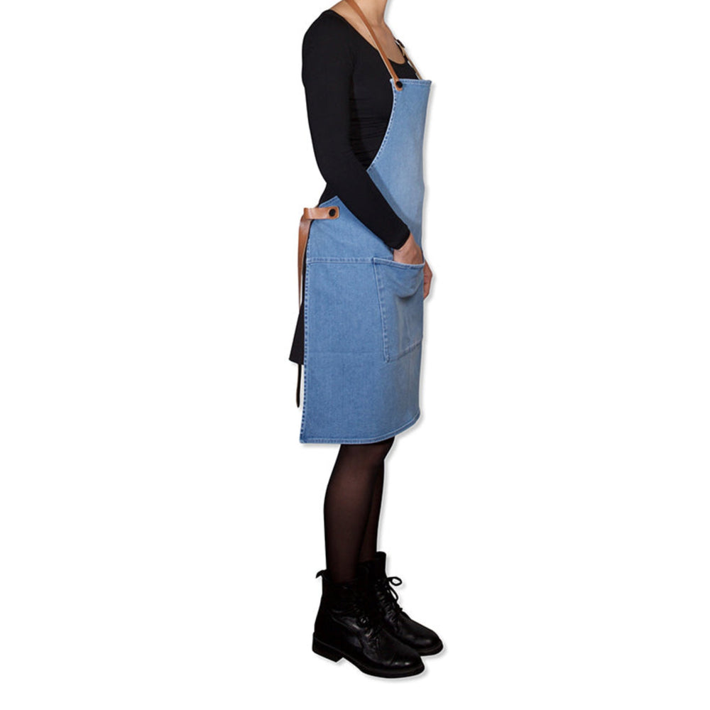 Dutchdeluxes - Handmade - Leather - Barbecue - BBQ - Apron - With carabiner hooks - Washed indigo - Light blue