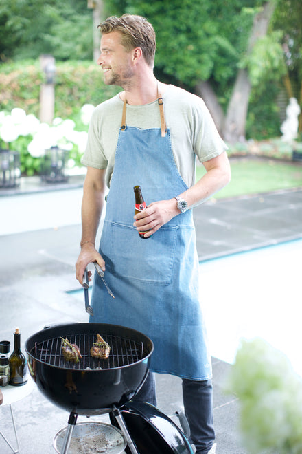 Dutchdeluxes - BBQ-stijl - Luxe - Schort - Met bretellen - 2 karabijnhaken - XL - Blauw Denim
