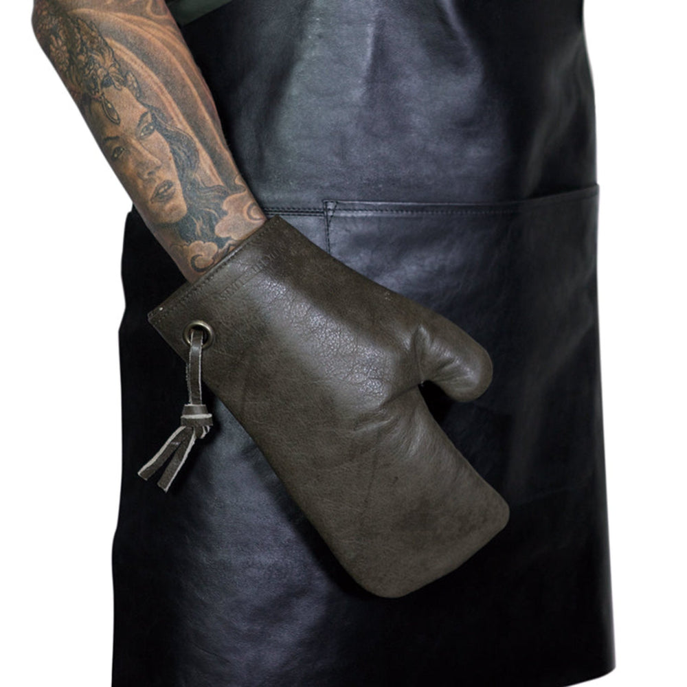 Dutchdeluxes - Oven Mitt - Handmade - (Full-grain) Leather - Grey - Suitable for Barbecue - Includes Gift Box