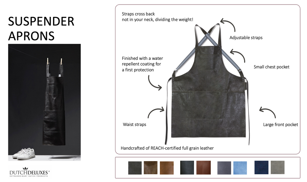 Dutchdeluxes - Luxury barbecue apron in full-grain leather - With Suspenders - Black