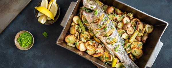Roasted sea bass with Roseval potatoes, fennel and tarragon