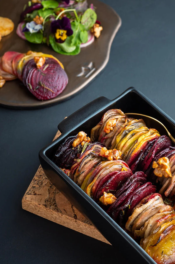 Beetroot casserole with maple glazed walnuts