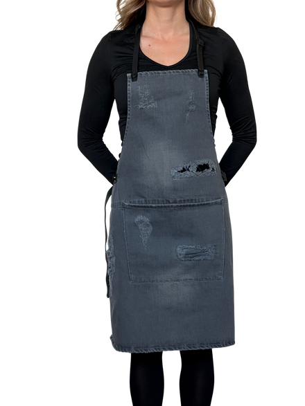 Dutchdeluxes - Baumwolle - Hochwertig - Unikat - Barbecue - BBQ - Schürze - Karabinerhaken - Distressed Denim Grau - Hellgrau