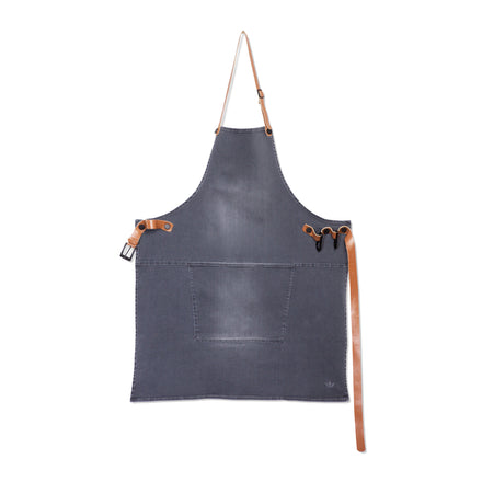 Dutchdeluxes - Leer - Hoogwaardig - Uniek - Barbecue - BBQ - Schort - Karabijnhaken -  Washed Indigo - Licht grijs