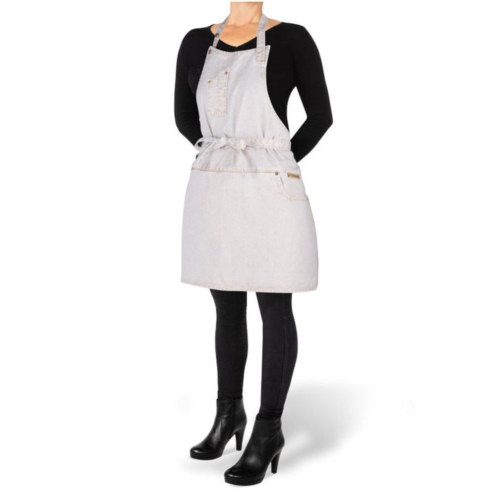 Dutchdeluxes - Denim - Haute qualité - Jean indigo - Barbecue - BBQ - Tablier de cuisine - 5 poches - Blanc/Or