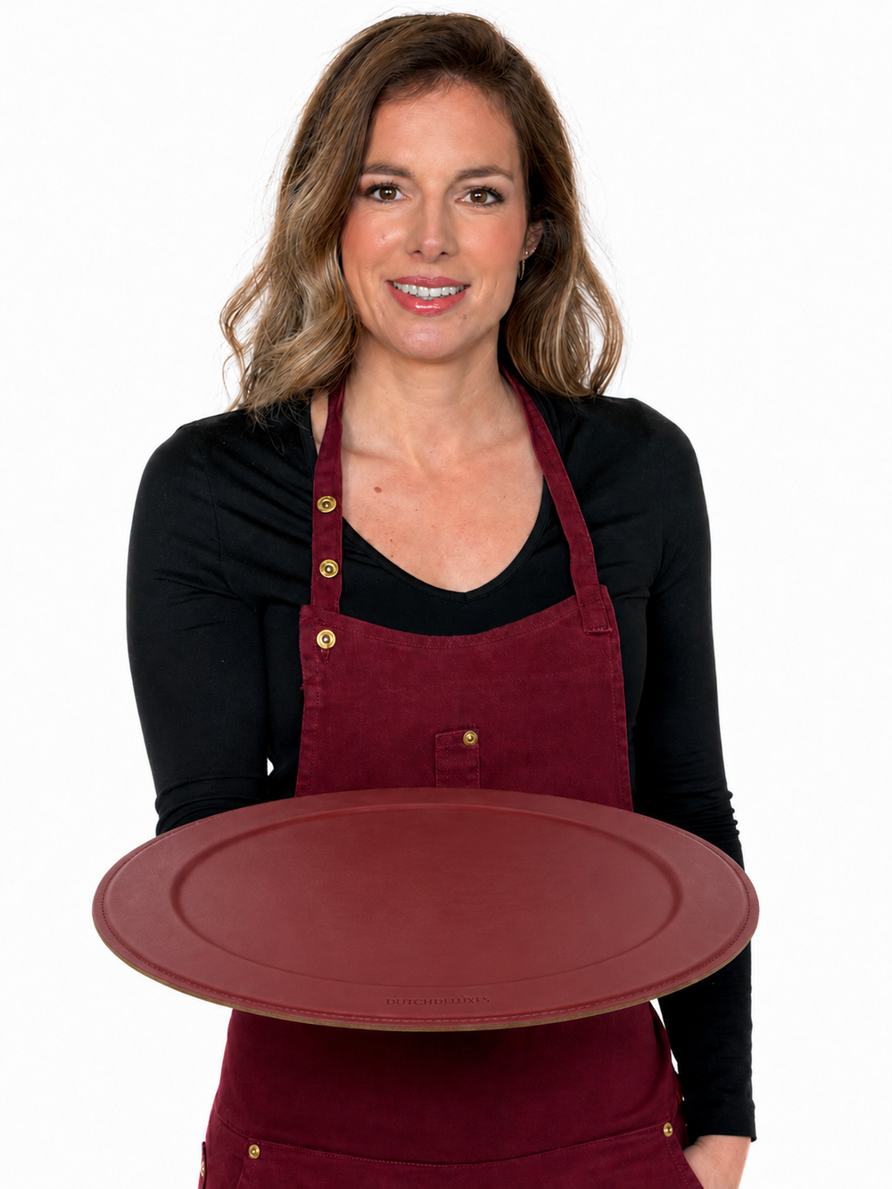 Serving tray | Round - Ruby Red |Full grain leather on solid wood core | Ø46 CM