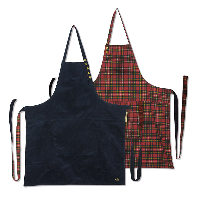 Dutchdeluxes - Handmade - Cotton - Luxury - Reversible - Apron - Kitchen - Barbecue - Navy vs Checkered Red