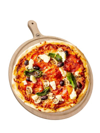 Dishwasher-safe Large - 45x35x20 cm - Solid wooden PIZZA cutting and presentation board - Round 35 Diameter - With Handle - HORECA proof